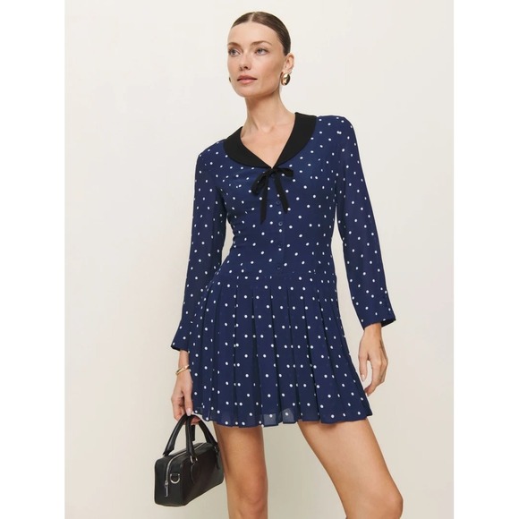 REFORMATION Tamia Dress Size 8 Danube Dot Polka Dot Navy Blue Mini Sailor Collar - Picture 1 of 13
